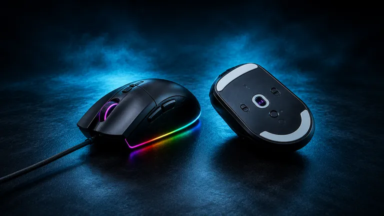 Gamingmus 2026 - två möss i matt svart mot blå dis, den ena med RGB-list och kabel sedd uppifrån, den andra på rygg med sensor och PTFE-glidytor synliga