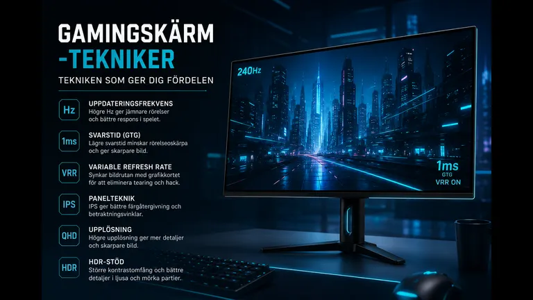 Tekniken i en gamingskärm 2026 — Hz, svarstid, VRR, paneltyp, upplösning och HDR i översikt