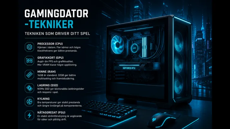 Tekniken i en stationär gamingdator 2026 — CPU, GPU, RAM, plattform, kylning och nätaggregat i översikt