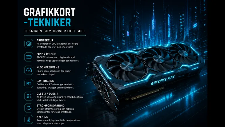 Tekniken i ett grafikkort 2026 — Blackwell-arkitektur, GDDR7, ray tracing, DLSS 4 och 16-pin connector i översikt