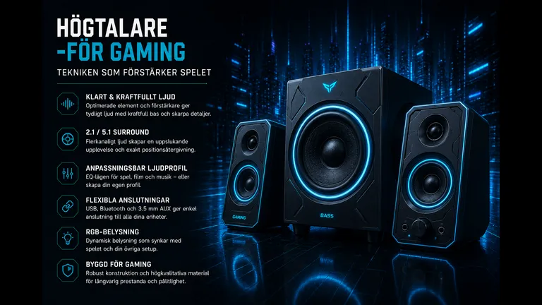 Gaminghögtalare 2026 - översikt av ljudkvalitet, 2.1 och 5.1 surround, EQ-lägen, anslutning via USB, Bluetooth och AUX samt RGB-belysning