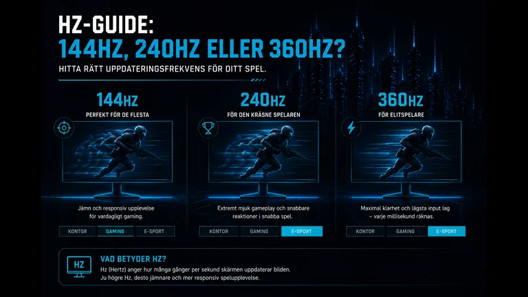Hz-guide gamingskärm 2026 — jämförelse 144Hz, 240Hz och 360Hz med motion blur per uppdateringsfrekvens