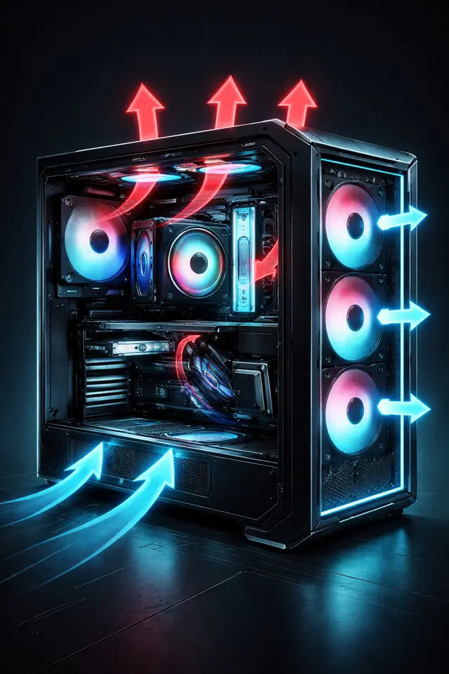Gaming-chassi med mesh-front och RGB-belysning — luftflödespillar och fläktplacering visualiserad