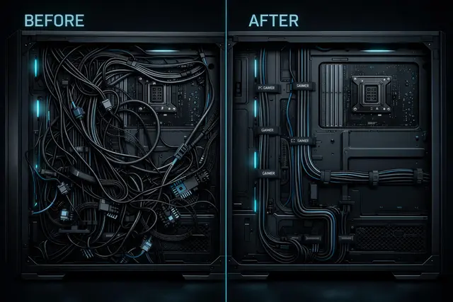 Före och efter kabelhantering i gaming-chassi — rörig kabeldragning vs organiserade kablar