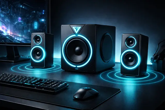 Gaming-högtalare setup med 2.1 och 5.1 surround — satelliter, subwoofer och placering