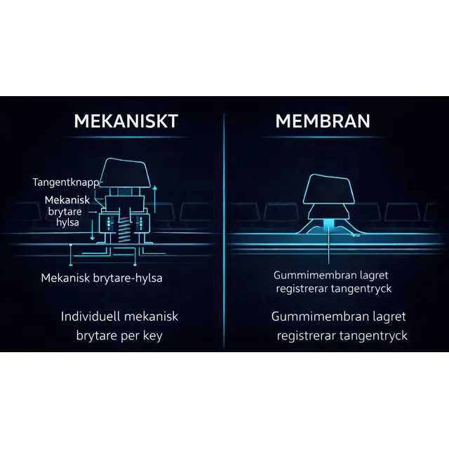Illustration av mekanisk switch med individuell brytare jämfört med membranswitch med gummilager — GamerRigg