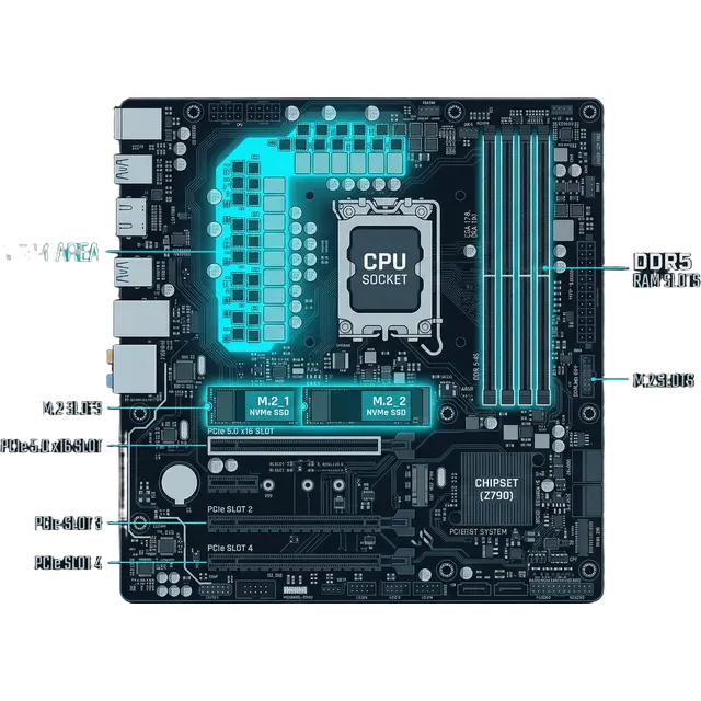 Moderkort-layout med VRM, M.2-platser och chipset markerade