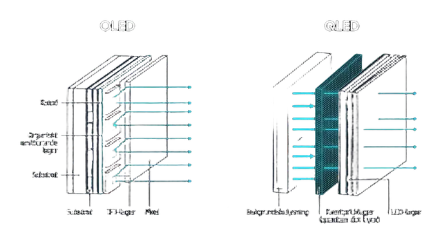 OLED vs QLED panelstruktur med självlysande pixlar vs LED-bakgrundsbelysning