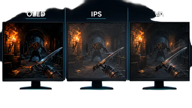 Jämförelse av OLED, IPS och VA-paneler — samma mörka spelscen med synliga skillnader i svärta och kontrast