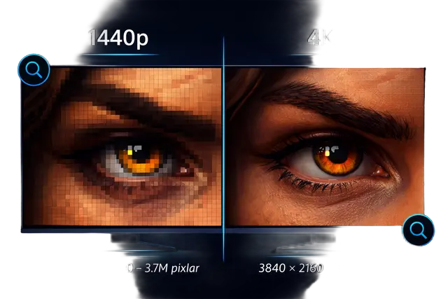 Pixeldensitet jämförelse: 1440p (3.7M pixlar) vs 4K (8.3M pixlar) — inzoomad spelkaraktär