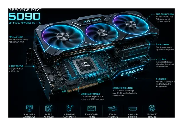Teknisk illustration av grafikkort med GPU-chip, VRAM och kylning