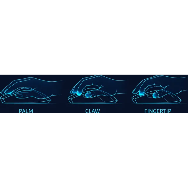 Tre musgreppsstilar: palm, claw och fingertip — illustrerade med cyan-konturer